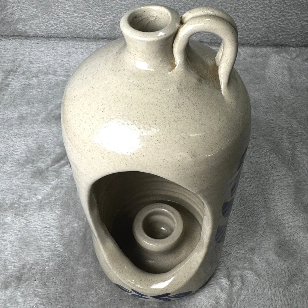 Williamsburg Pottery 1999 Stoneware Candle Holder Blue Floral Luminary Signed